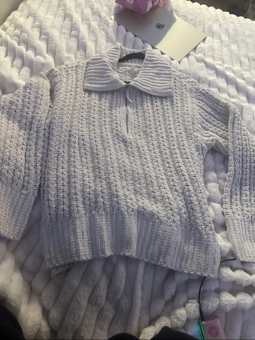 aerie Light Gray Ribbed Zip-Front Sweater